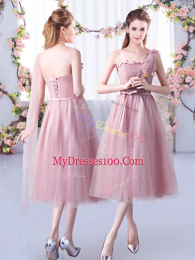 Empire Wedding Party Dress Pink One Shoulder Tulle Sleeveless Tea Length Lace Up