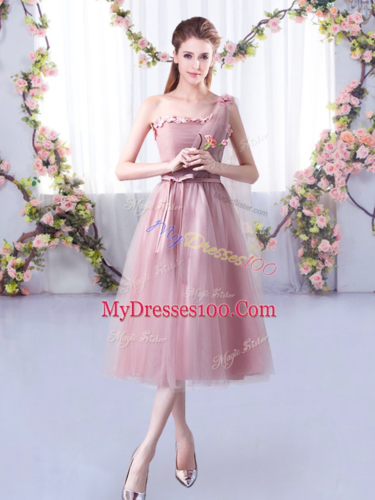 Empire Wedding Party Dress Pink One Shoulder Tulle Sleeveless Tea Length Lace Up