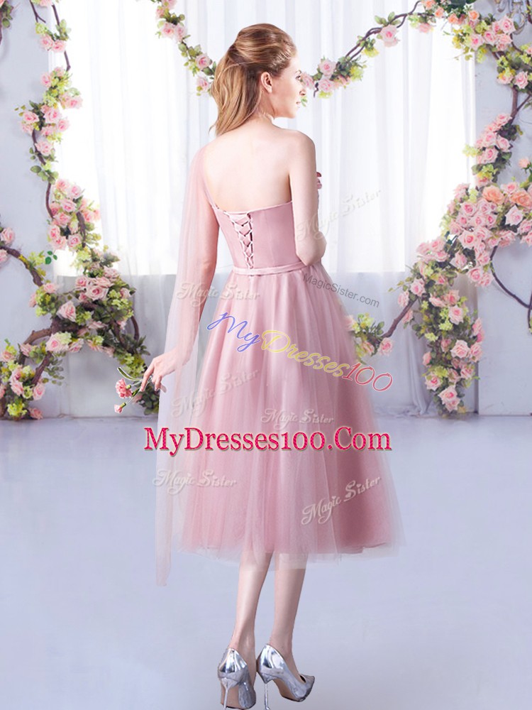 Empire Wedding Party Dress Pink One Shoulder Tulle Sleeveless Tea Length Lace Up