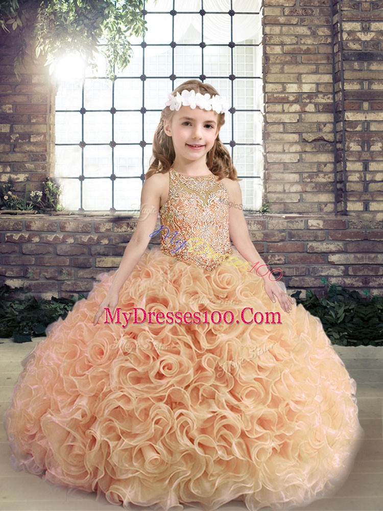 Peach Scoop Neckline Beading Little Girls Pageant Gowns Sleeveless Lace Up