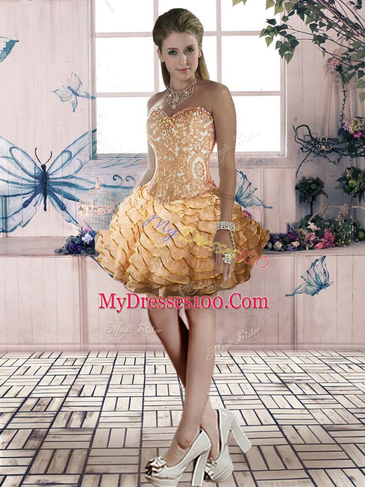 Elegant Mini Length Ball Gowns Sleeveless Gold Prom Dress Lace Up