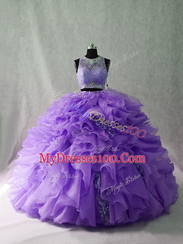Beading and Ruffles 15 Quinceanera Dress Lavender Zipper Sleeveless Floor Length Brush Train