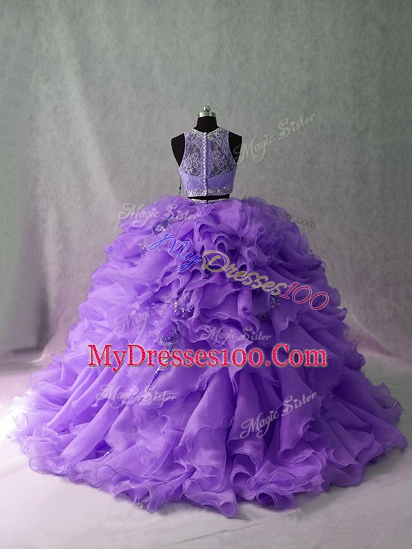 Beading and Ruffles 15 Quinceanera Dress Lavender Zipper Sleeveless Floor Length Brush Train