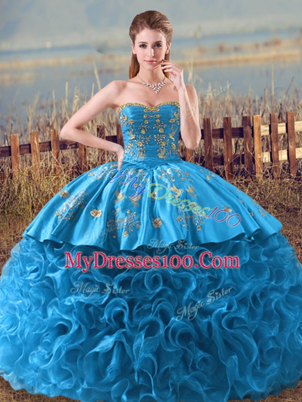 High End Baby Blue Fabric With Rolling Flowers Lace Up Quince Ball Gowns Sleeveless Floor Length Brush Train Embroidery and Ruffles