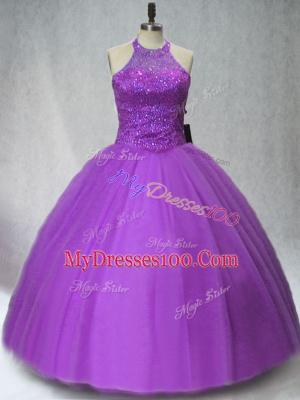 Purple Ball Gowns Beading 15th Birthday Dress Lace Up Tulle Sleeveless Floor Length