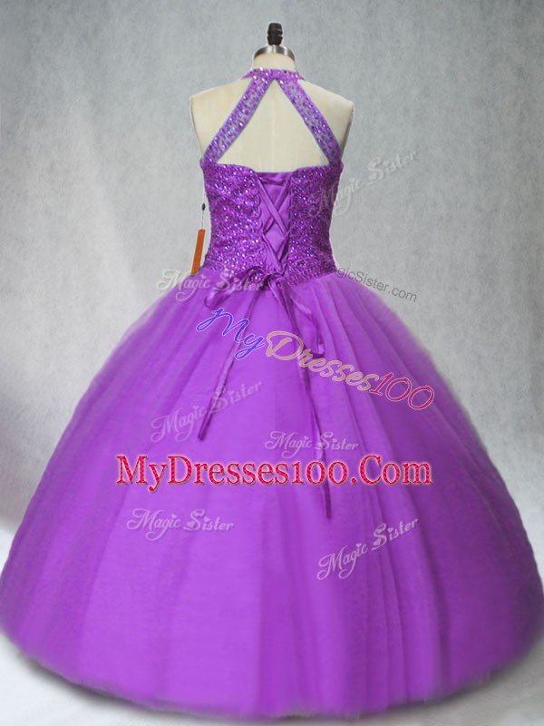 Purple Ball Gowns Beading 15th Birthday Dress Lace Up Tulle Sleeveless Floor Length