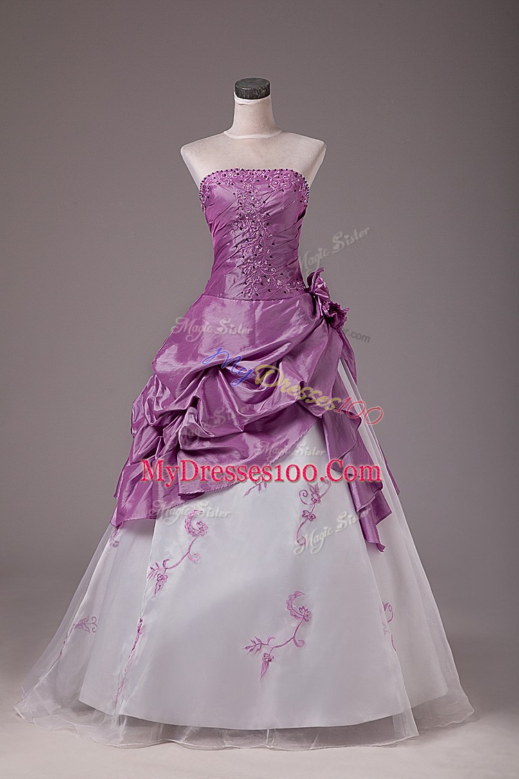 Popular Floor Length White And Purple Sweet 16 Dresses Strapless Sleeveless Lace Up
