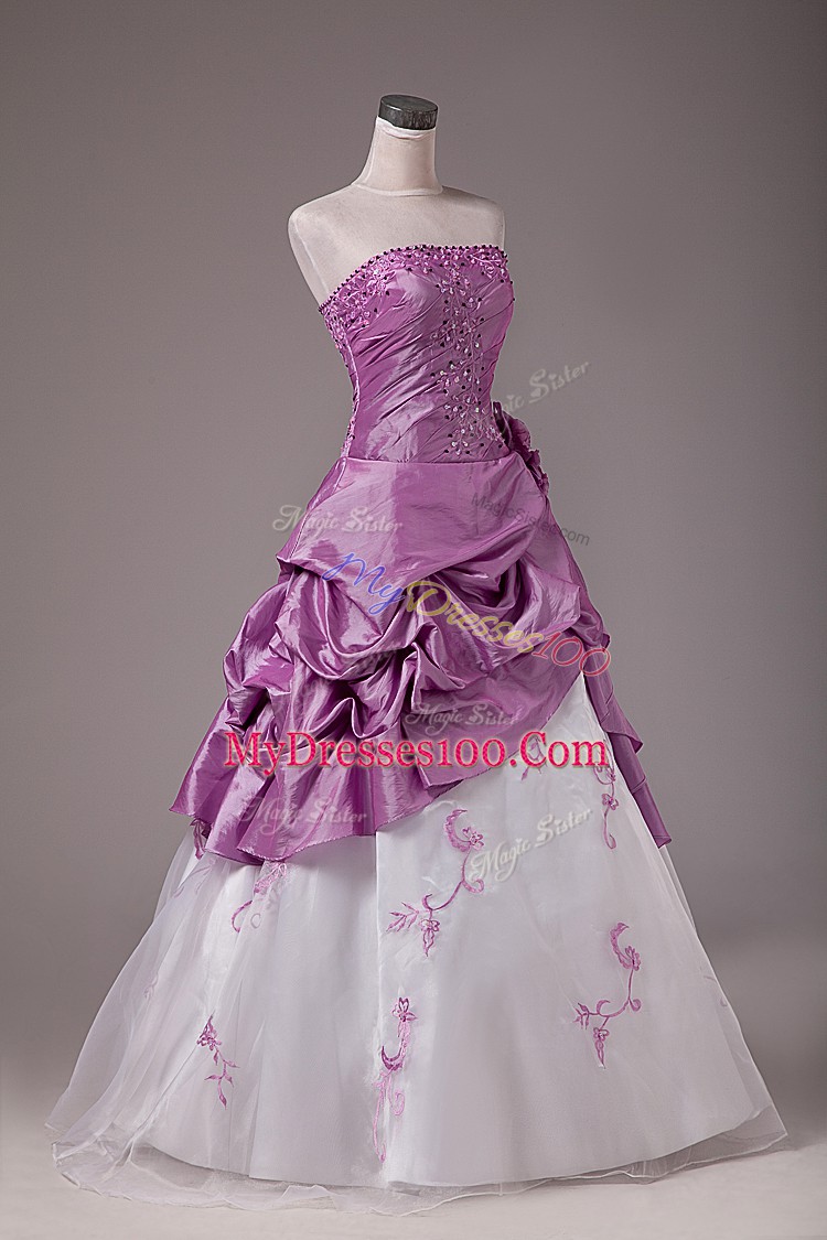 Popular Floor Length White And Purple Sweet 16 Dresses Strapless Sleeveless Lace Up