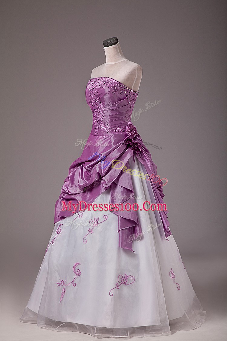 Popular Floor Length White And Purple Sweet 16 Dresses Strapless Sleeveless Lace Up