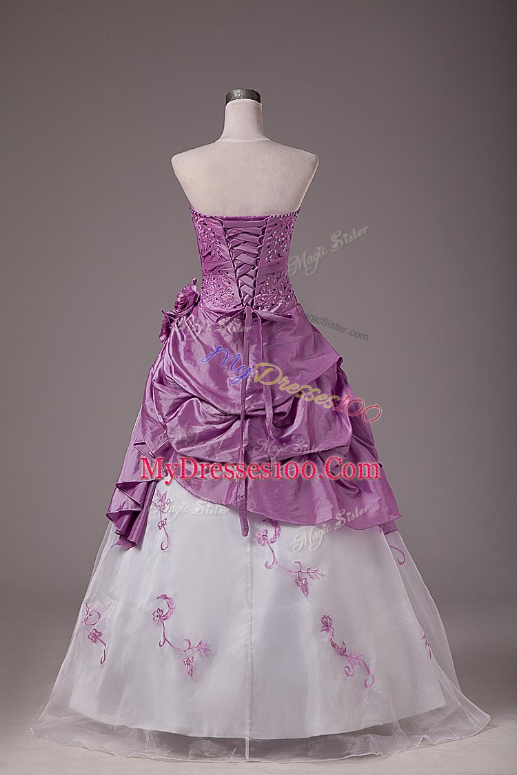 Popular Floor Length White And Purple Sweet 16 Dresses Strapless Sleeveless Lace Up