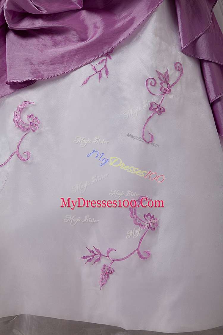 Popular Floor Length White And Purple Sweet 16 Dresses Strapless Sleeveless Lace Up