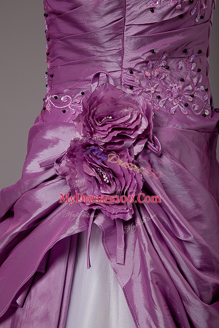 Popular Floor Length White And Purple Sweet 16 Dresses Strapless Sleeveless Lace Up