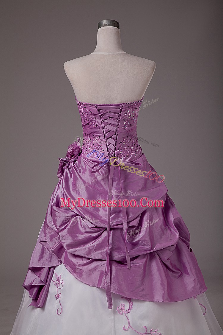 Popular Floor Length White And Purple Sweet 16 Dresses Strapless Sleeveless Lace Up