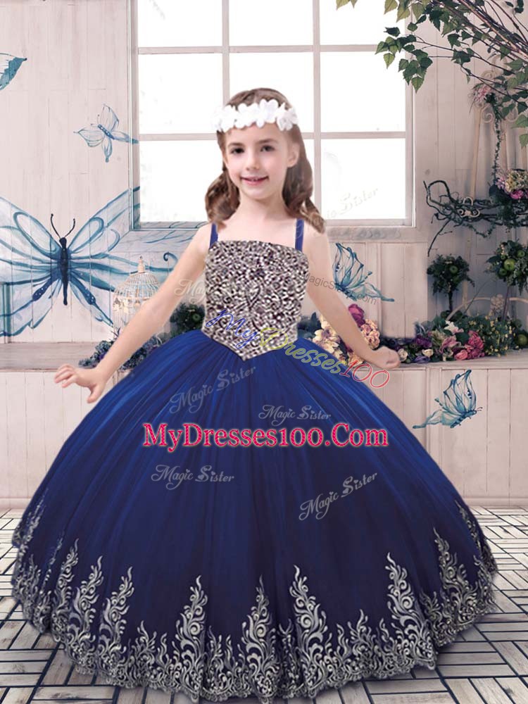 Blue Straps Neckline Beading and Embroidery Girls Pageant Dresses Sleeveless Lace Up