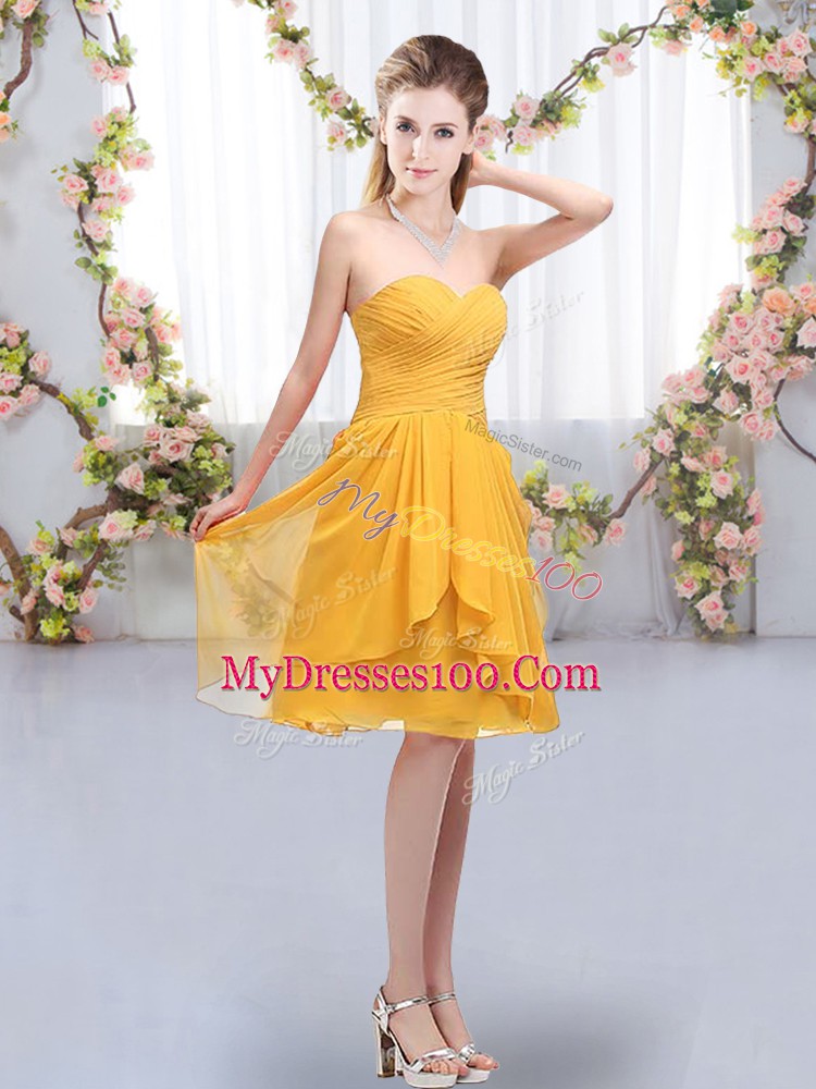High Class Gold Sleeveless Knee Length Ruffles and Ruching Lace Up Bridesmaids Dress