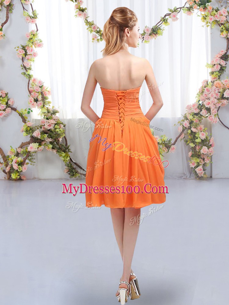 High Class Gold Sleeveless Knee Length Ruffles and Ruching Lace Up Bridesmaids Dress