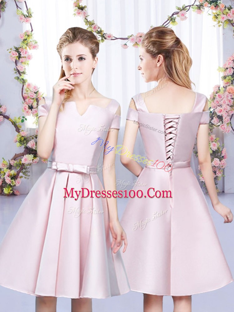 Mini Length Baby Pink Quinceanera Court of Honor Dress Satin Sleeveless Bowknot
