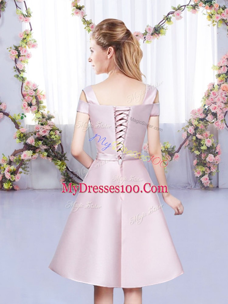 Mini Length Baby Pink Quinceanera Court of Honor Dress Satin Sleeveless Bowknot
