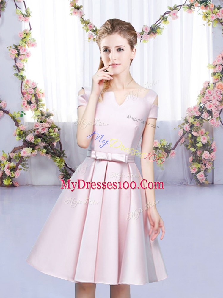 Mini Length Baby Pink Quinceanera Court of Honor Dress Satin Sleeveless Bowknot
