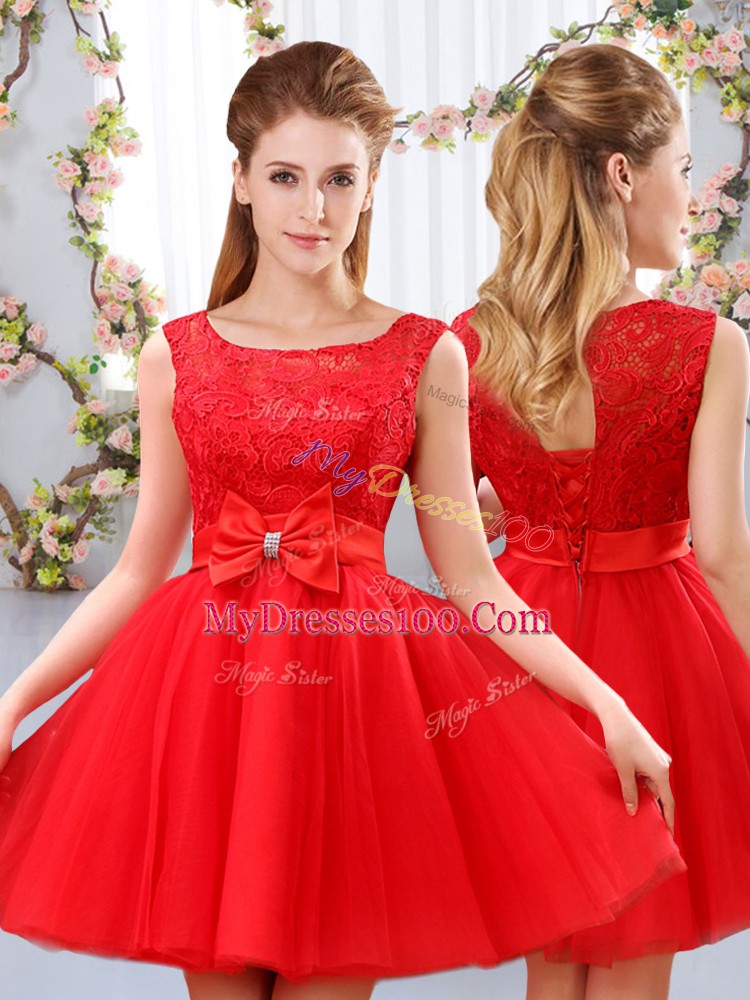 Red Damas Dress Wedding Party with Lace and Bowknot Scoop Sleeveless Lace Up