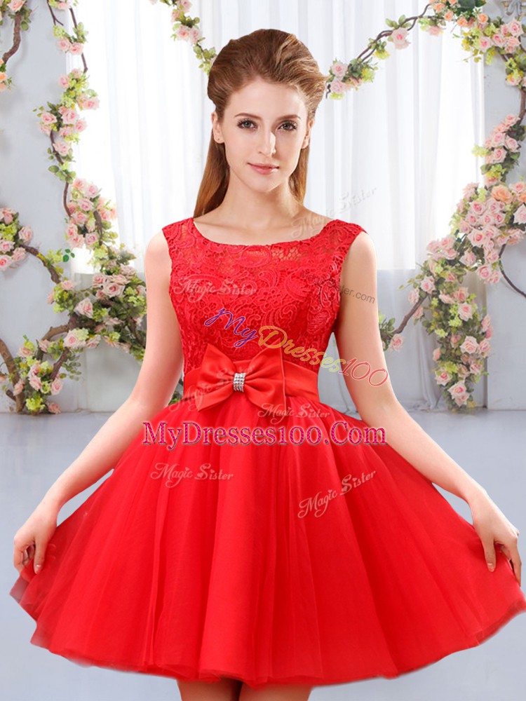 Red Damas Dress Wedding Party with Lace and Bowknot Scoop Sleeveless Lace Up