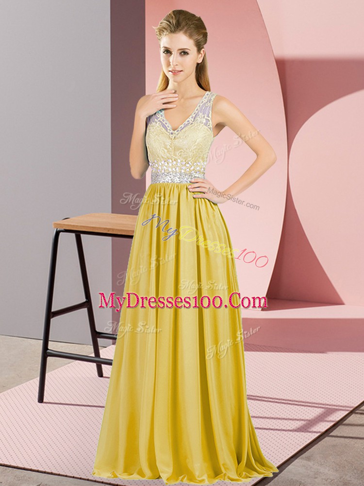 Extravagant Floor Length Gold Prom Dresses V-neck Sleeveless Criss Cross