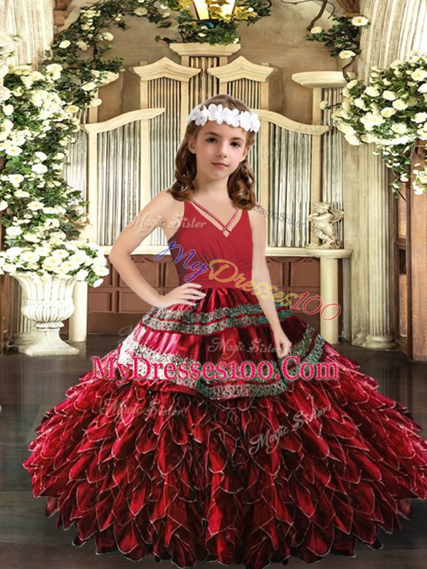 Custom Design Floor Length Red Little Girls Pageant Dress V-neck Sleeveless Zipper