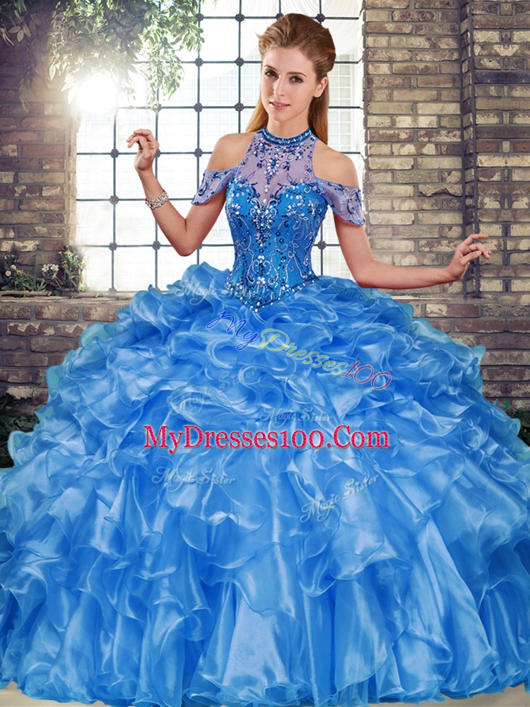 Luxury Sleeveless Lace Up Floor Length Beading and Ruffles Quinceanera Dress
