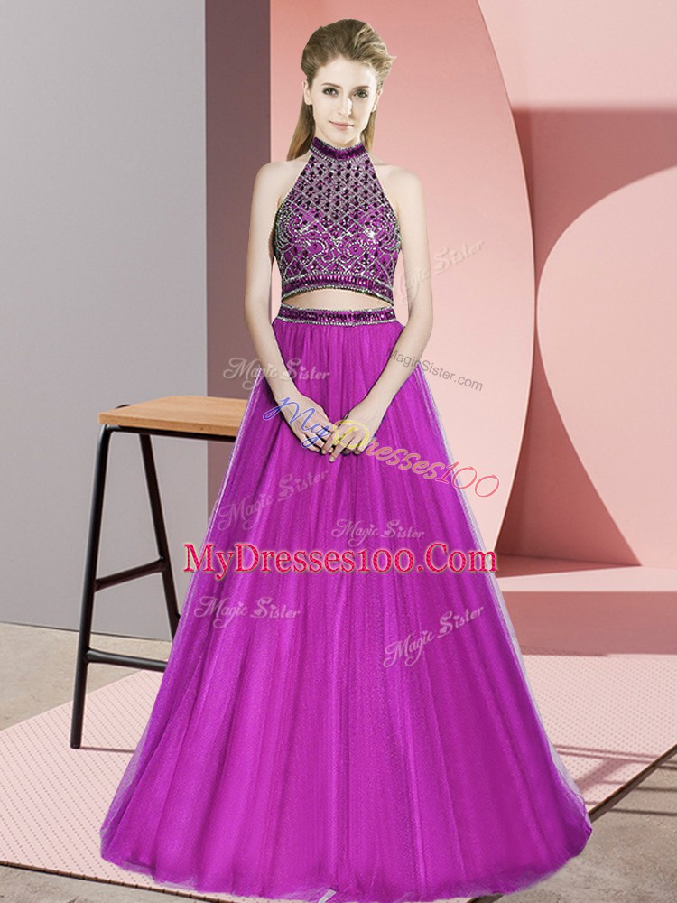 Fuchsia Dress for Prom Beading Sleeveless Floor Length