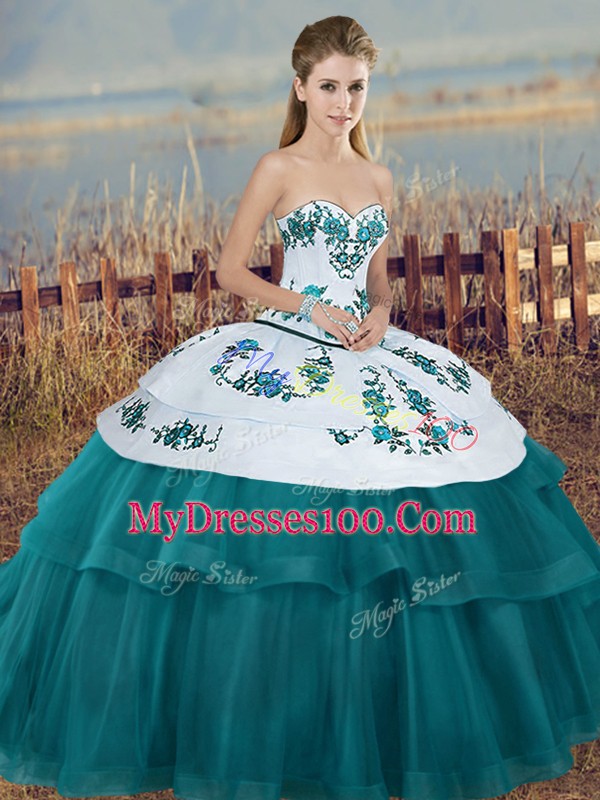Elegant Floor Length Teal Sweet 16 Dresses Tulle Sleeveless Embroidery and Bowknot