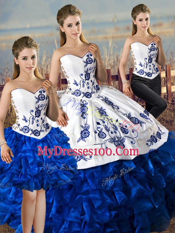 Elegant Blue And White Sweetheart Neckline Embroidery and Ruffles 15 Quinceanera Dress Sleeveless Lace Up