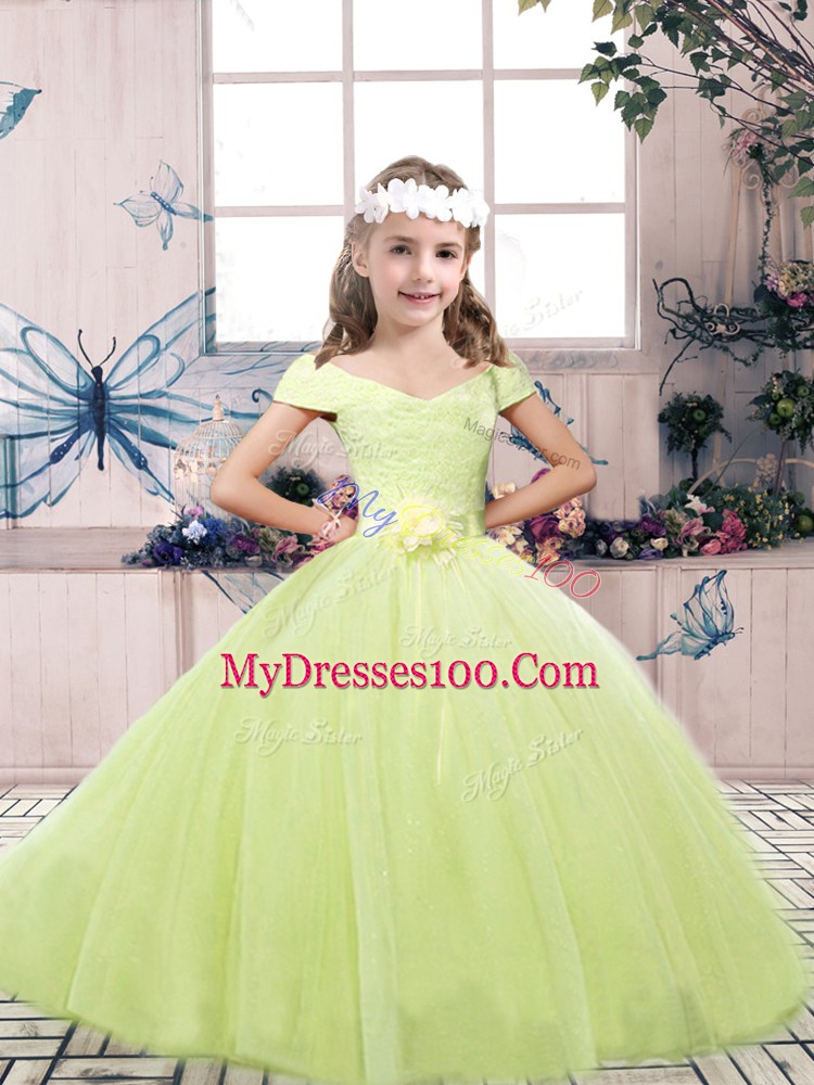 Floor Length Yellow Green Girls Pageant Dresses Tulle Sleeveless Lace and Belt