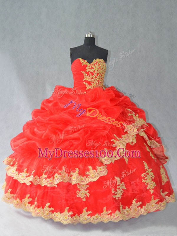 Organza Sweetheart Sleeveless Lace Up Lace and Appliques and Pick Ups Quinceanera Dresses in Red
