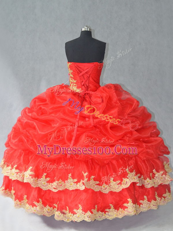 Organza Sweetheart Sleeveless Lace Up Lace and Appliques and Pick Ups Quinceanera Dresses in Red