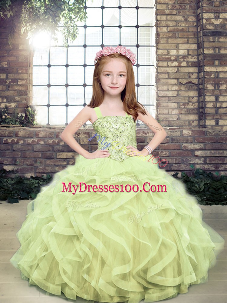 Yellow Green Straps Neckline Beading and Ruffles Little Girls Pageant Gowns Sleeveless Lace Up
