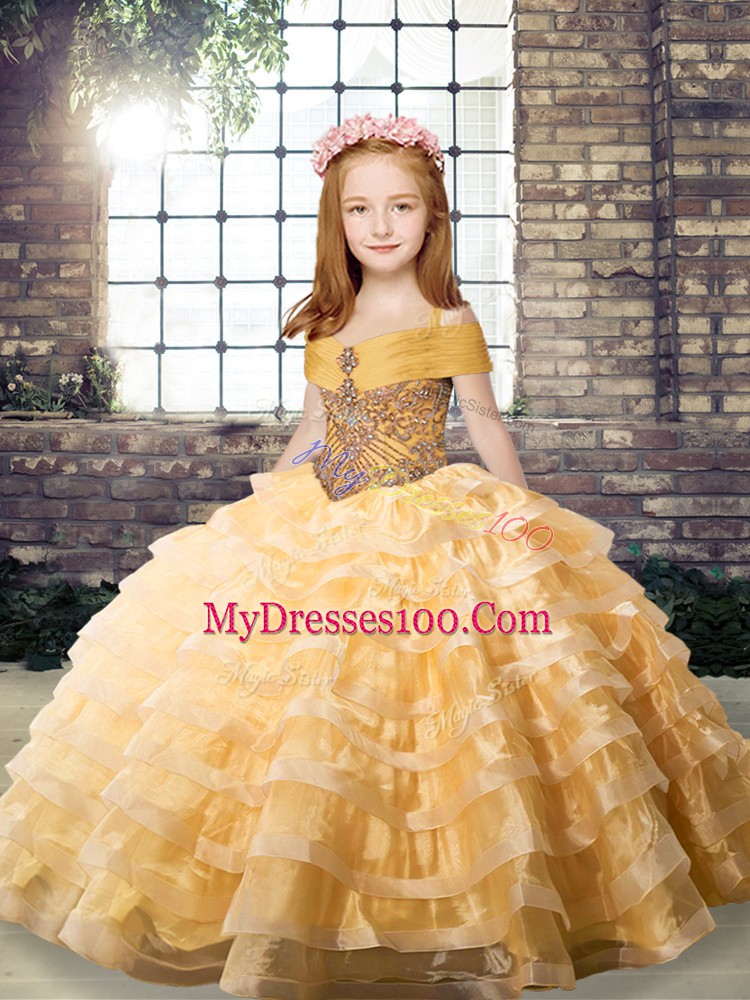 Cheap Straps Sleeveless Organza Girls Pageant Dresses Beading and Ruffled Layers Brush Train Lace Up
