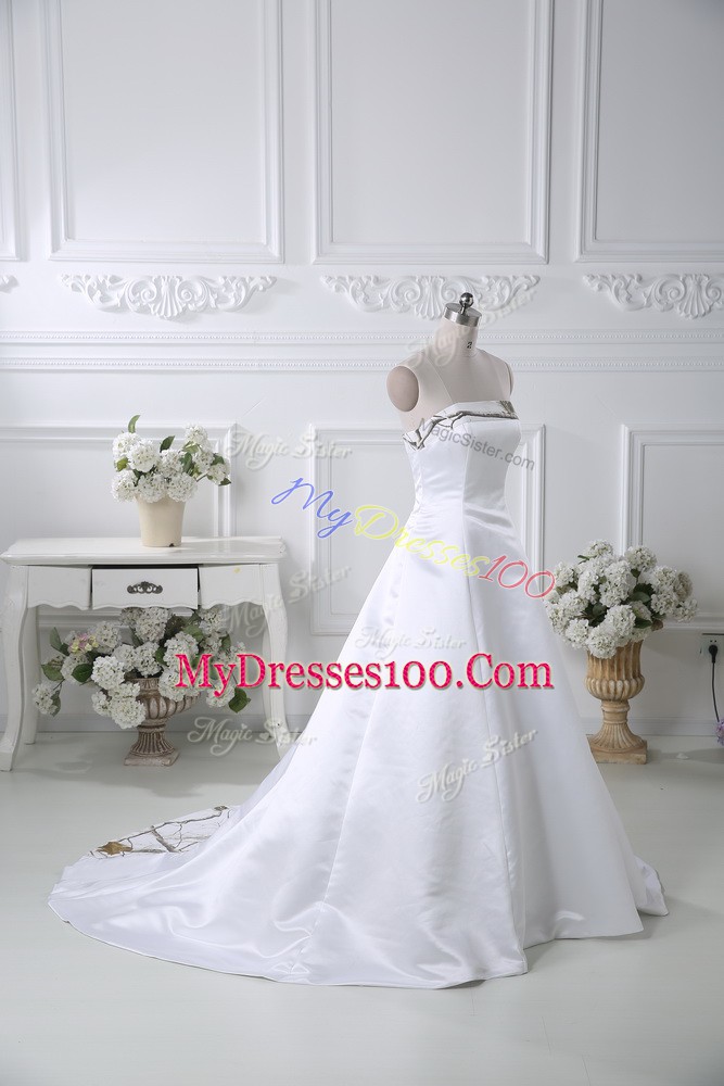Fantastic White Ball Gowns Strapless Sleeveless Satin Brush Train Lace Up Pattern Wedding Gown