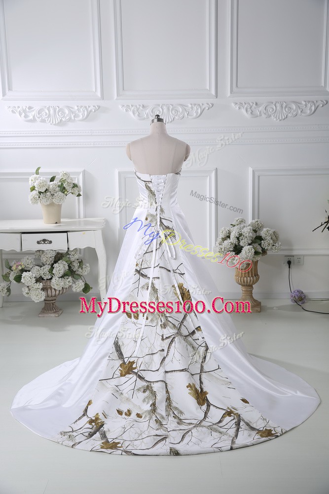Fantastic White Ball Gowns Strapless Sleeveless Satin Brush Train Lace Up Pattern Wedding Gown