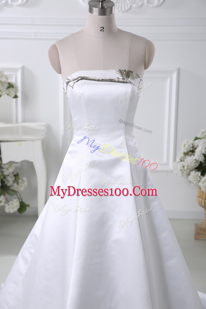 Fantastic White Ball Gowns Strapless Sleeveless Satin Brush Train Lace Up Pattern Wedding Gown