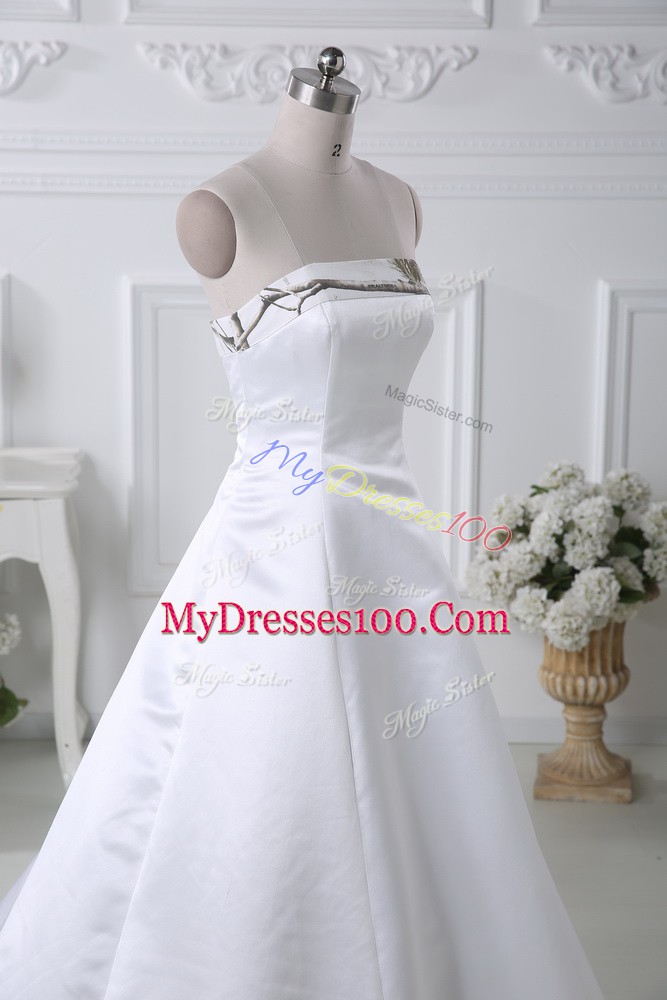 Fantastic White Ball Gowns Strapless Sleeveless Satin Brush Train Lace Up Pattern Wedding Gown