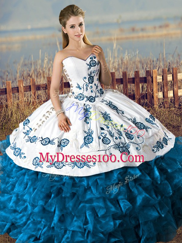 Sophisticated Blue And White Satin and Organza Lace Up 15th Birthday Dress Sleeveless Floor Length Embroidery and Ruffles
