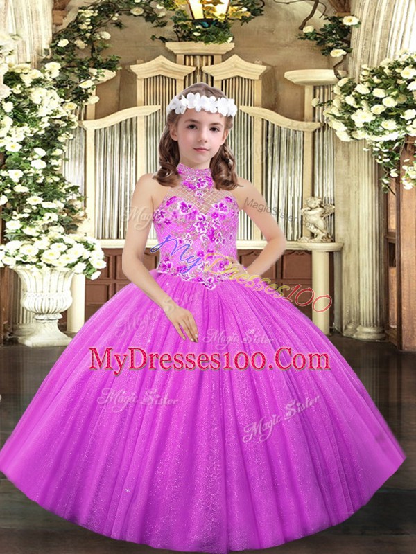 Latest Sleeveless Tulle Floor Length Lace Up Pageant Gowns For Girls in Lilac with Appliques