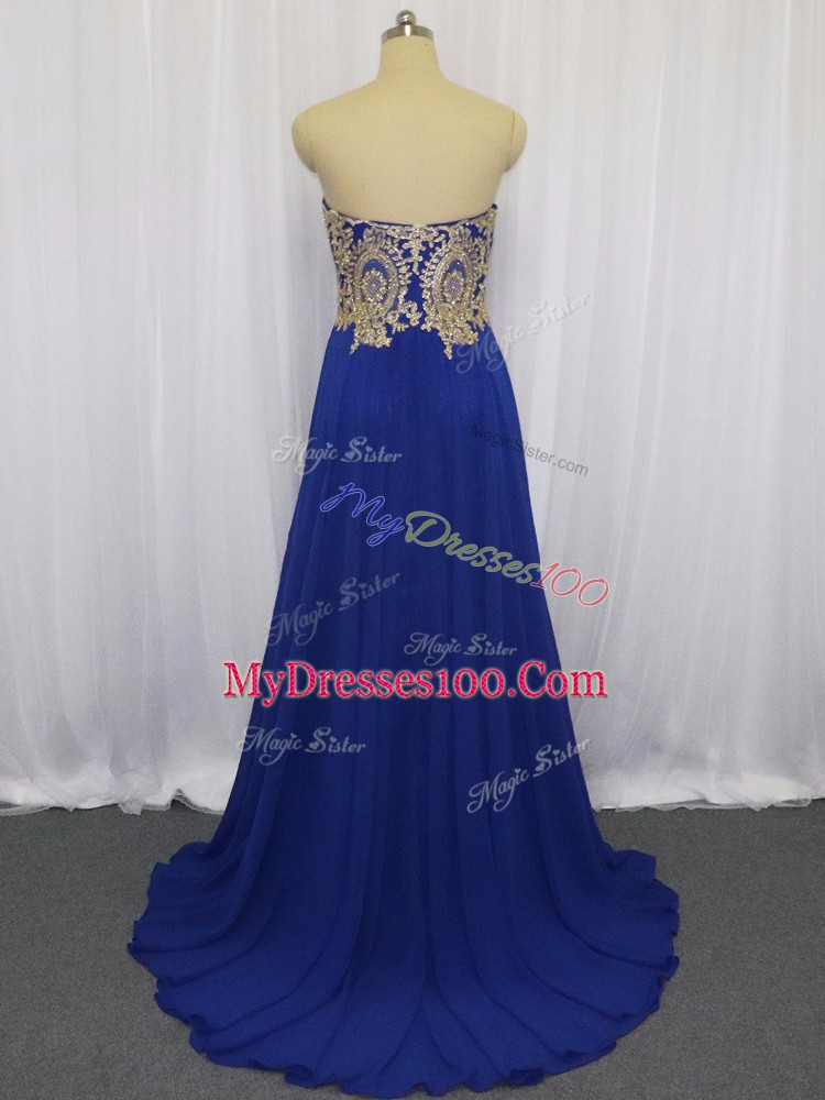 Royal Blue Chiffon Zipper Sweetheart Sleeveless Brush Train Lace and Appliques
