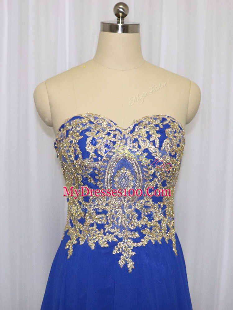 Royal Blue Chiffon Zipper Sweetheart Sleeveless Brush Train Lace and Appliques