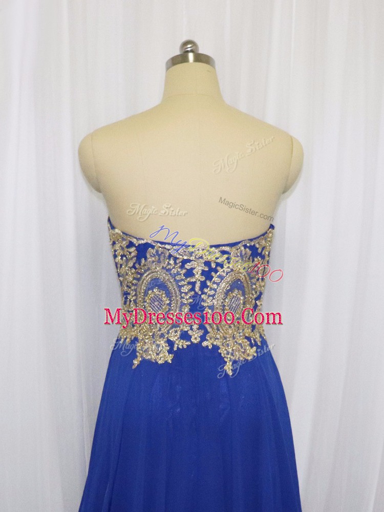 Royal Blue Chiffon Zipper Sweetheart Sleeveless Brush Train Lace and Appliques