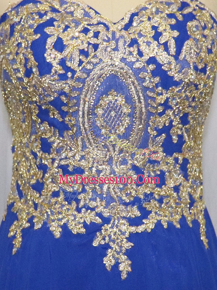 Royal Blue Chiffon Zipper Sweetheart Sleeveless Brush Train Lace and Appliques