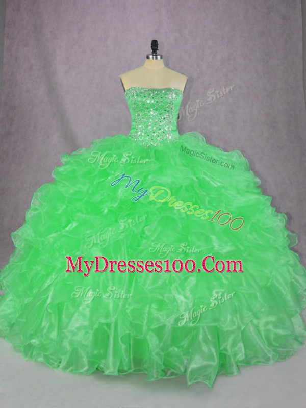 Beading and Ruffles Quinceanera Dresses Green Lace Up Sleeveless Floor Length
