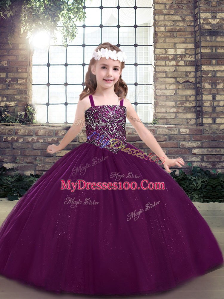 Ball Gowns Child Pageant Dress Eggplant Purple Straps Tulle Sleeveless Floor Length Lace Up