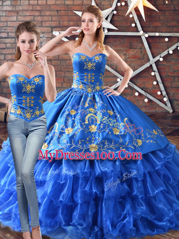 Customized Blue Sweetheart Lace Up Embroidery 15th Birthday Dress Sleeveless