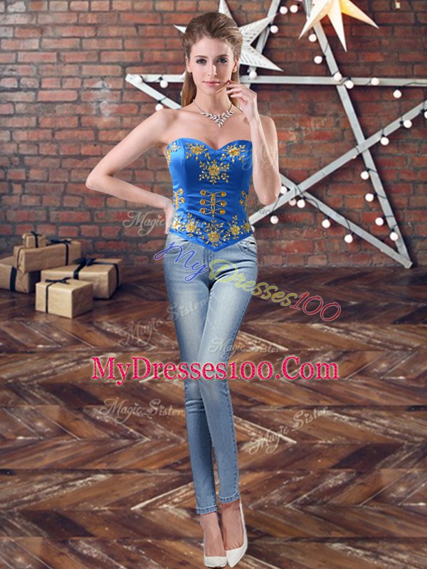Customized Blue Sweetheart Lace Up Embroidery 15th Birthday Dress Sleeveless